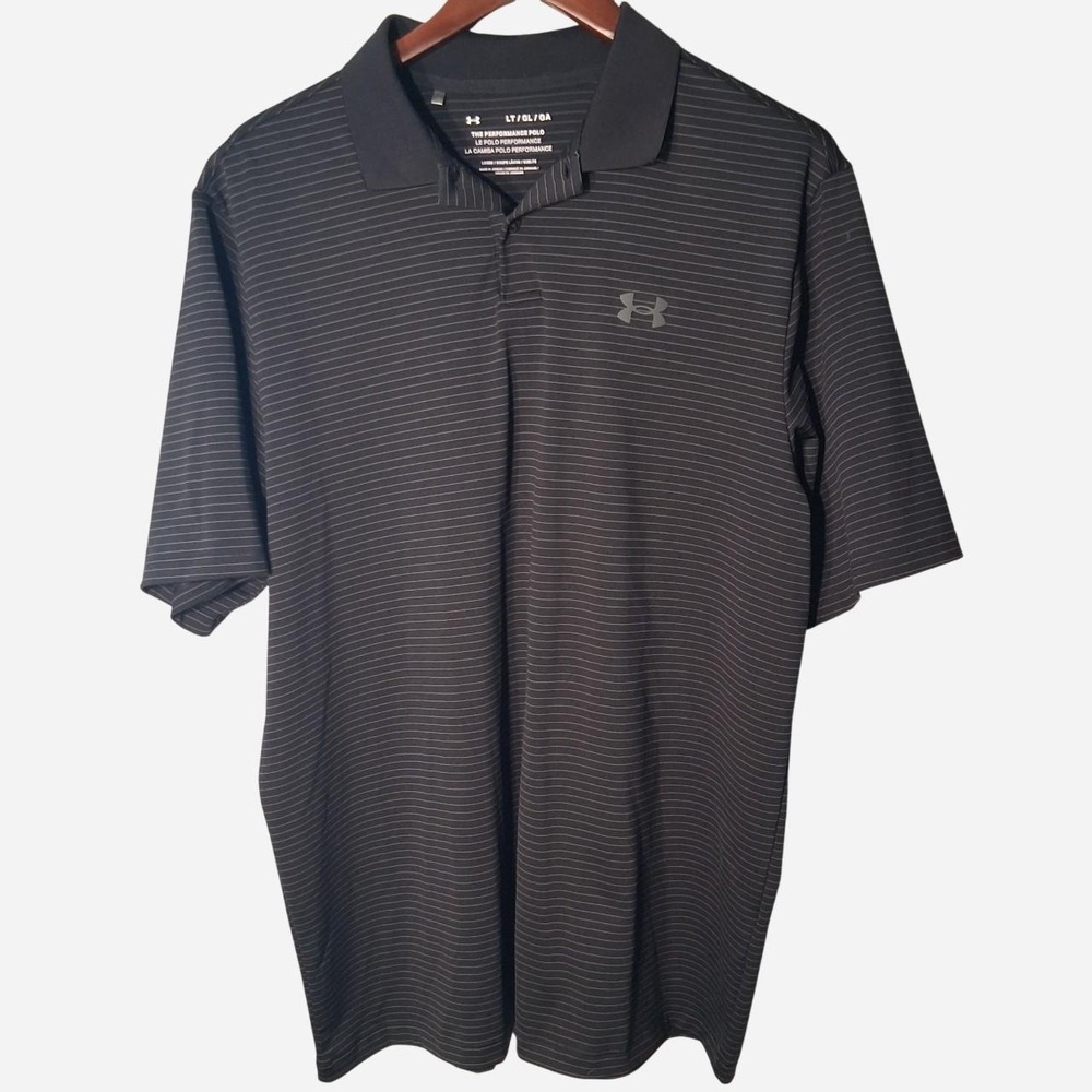 Mens Performance Polo Under Armour black with gray stripes polo shirt